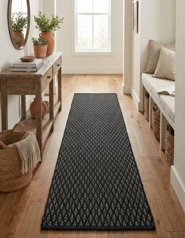 Black Hand Woven Lattice Wool Runner Rug