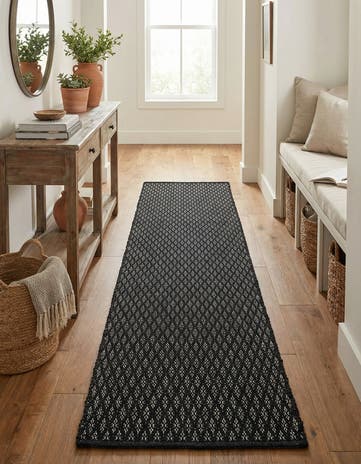 Black Hand Woven Lattice Wool Runner Rug