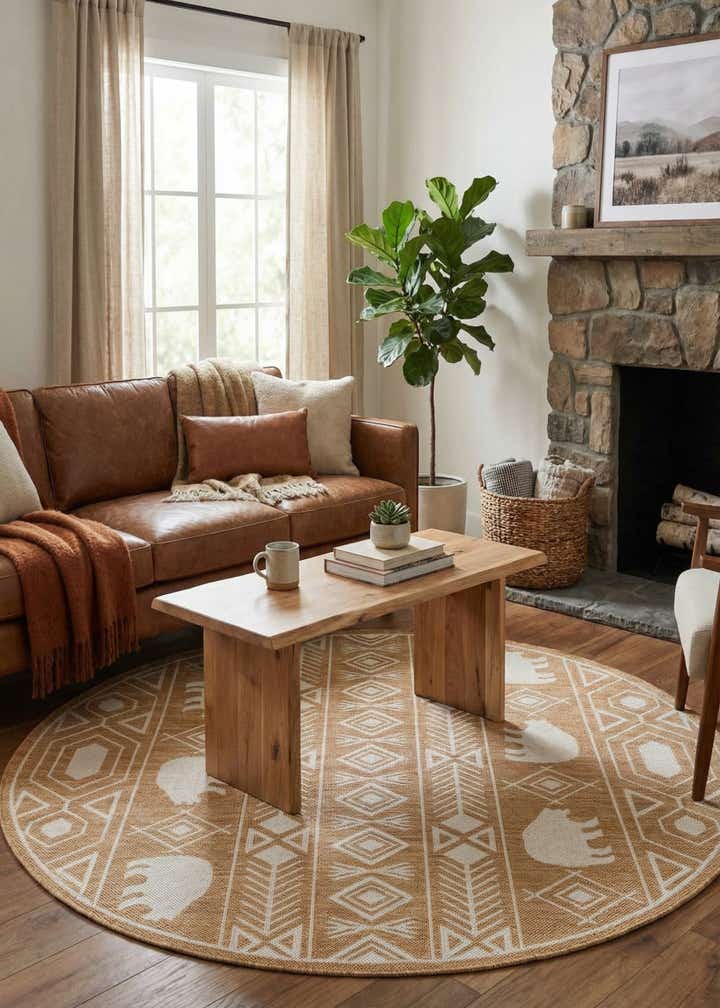 5' 3 x 5' 3 Easy-Clean Southwestern Indoor / Outdoor Round Rug