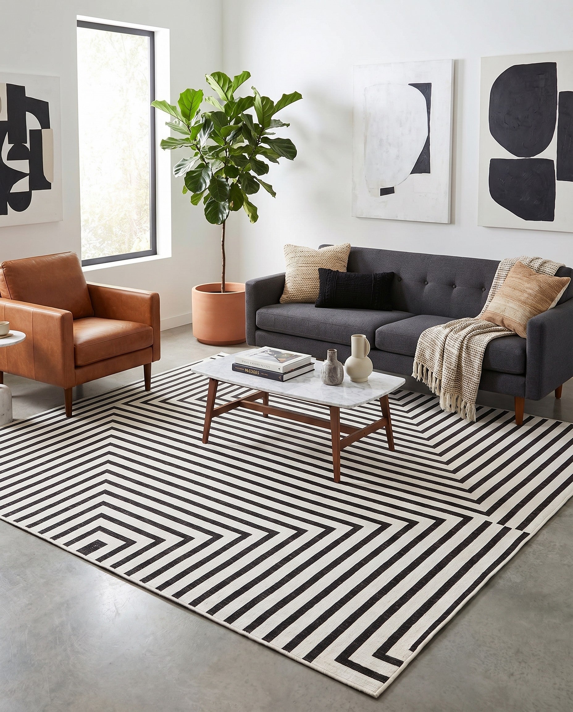 White and Black Easy-Clean Modern Indoor / Outdoor Square Rug