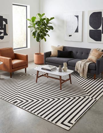White and Black Easy-Clean Modern Indoor / Outdoor Square Rug