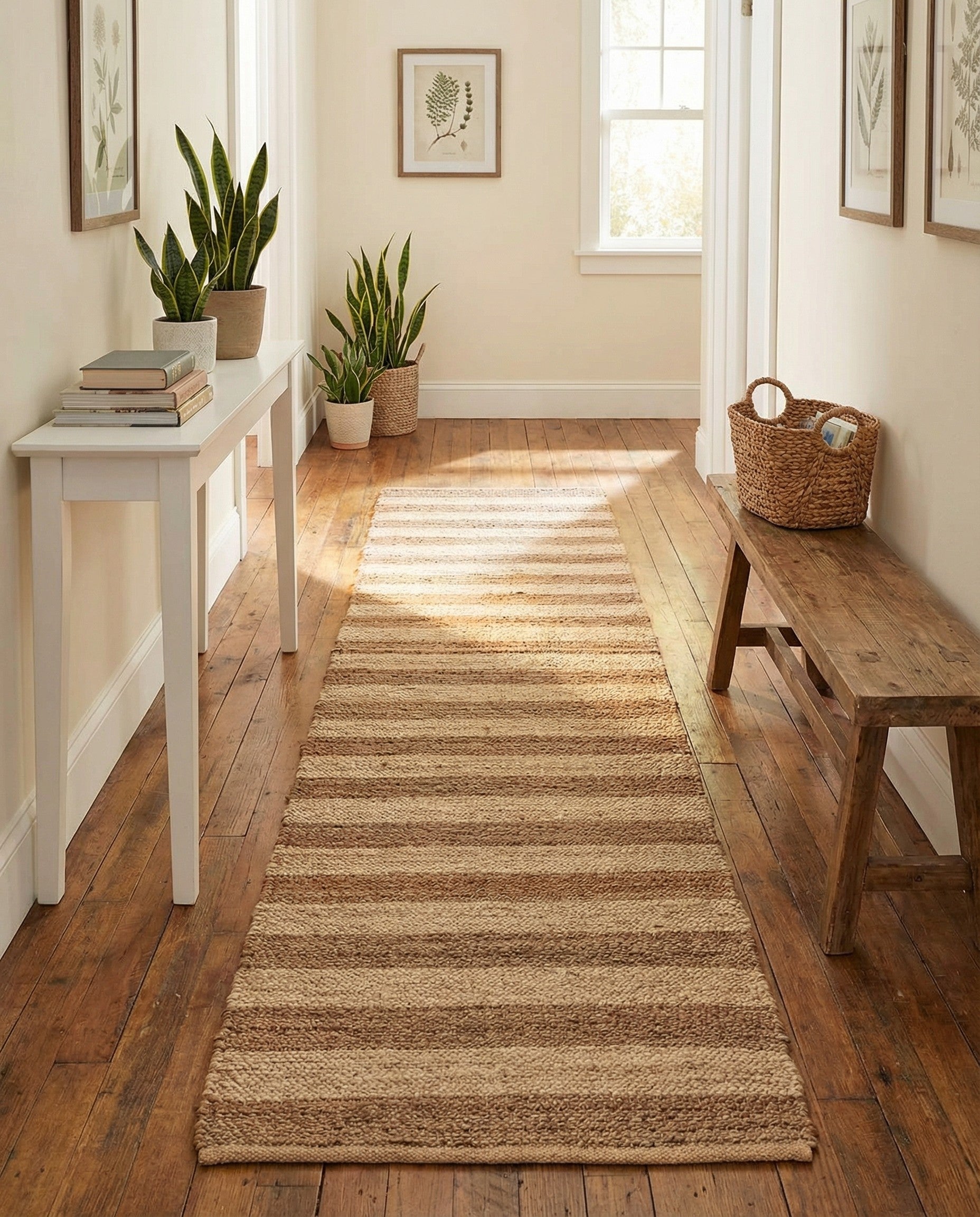 A 12 ft runner rug with alternating horizontal stripes of light tan and natural brown braided jute.