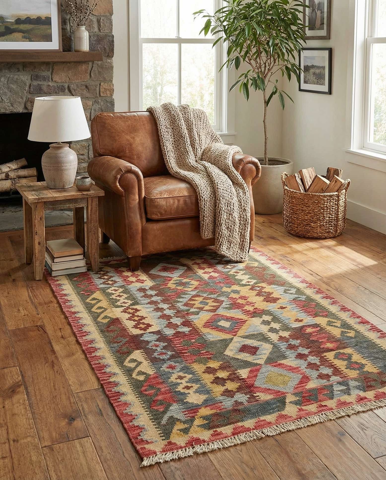 3' 4 x 4' 10 Hand Woven Kilim Maymana Wool Rug