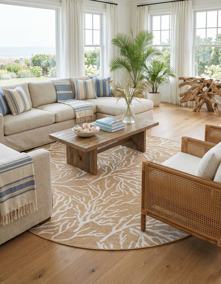 Detail image of 10' x 10'  Washable Coastal Indoor / Outdoor Round Rug