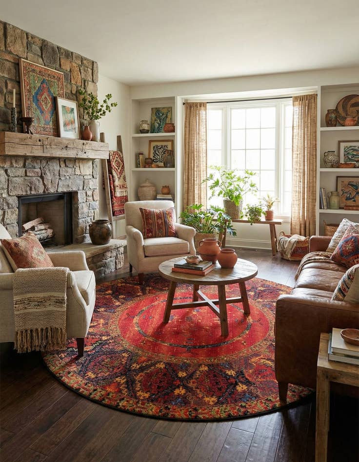 Detail image of 10' x 10' Easy-Clean Tribal Indoor / Outdoor Round Rug