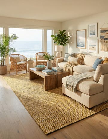 Yellow and Navy Hand Woven Seaside Pearl Jute Rug