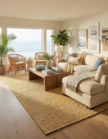 Yellow and Navy Hand Woven Seaside Pearl Jute Rug
