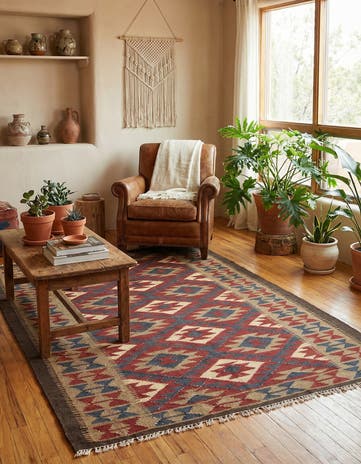 4' 9 x 8' 4 Hand Woven Kilim Maymana Wool Rug