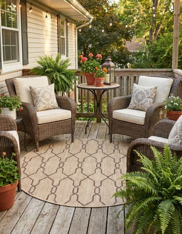 Natural Easy-Clean Trellis Indoor / Outdoor Round Rug