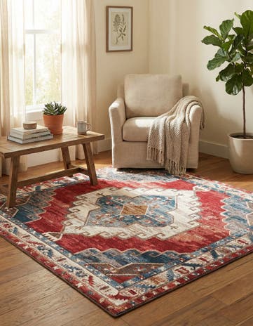 Red and Navy Blue Easy-Clean Traditional Indoor / Outdoor Square Rug