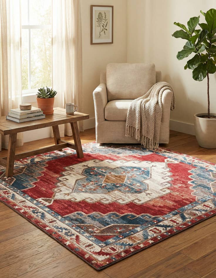 Detail image of 7' 10 x 7' 10  Washable Traditional Indoor / Outdoor Square Rug