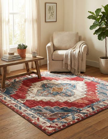 Red and Navy Blue Easy-Clean Traditional Indoor / Outdoor Square Rug