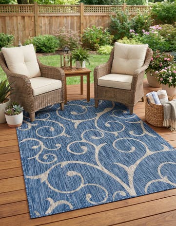 Blue Easy-Clean Botanical Indoor / Outdoor Rug
