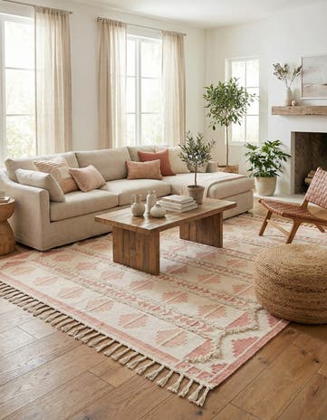 Pink and White Hand Woven Arizona Wool Rug