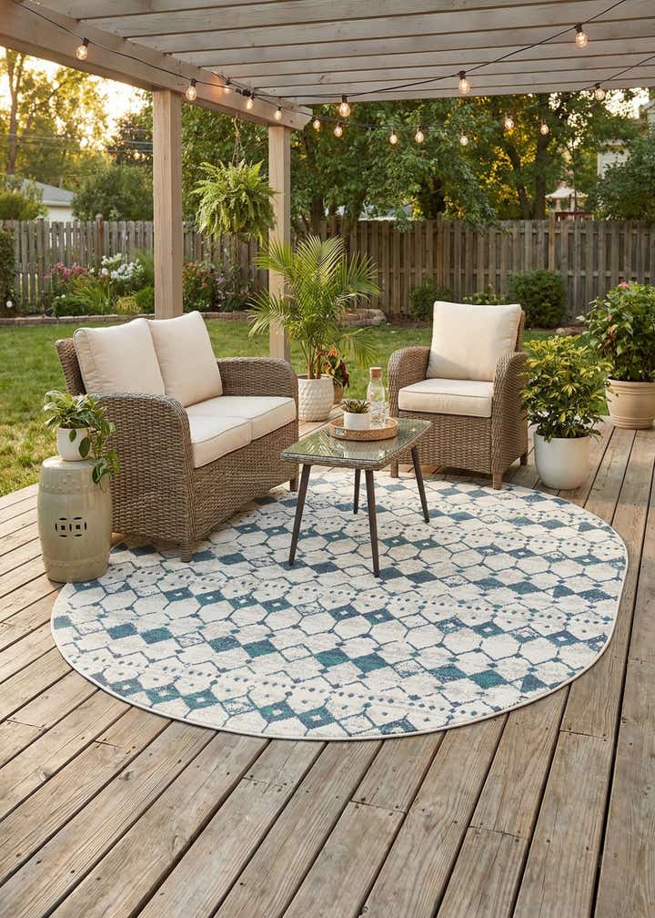 7' 10 x 10' Easy-Clean Trellis Indoor / Outdoor Oval Rug