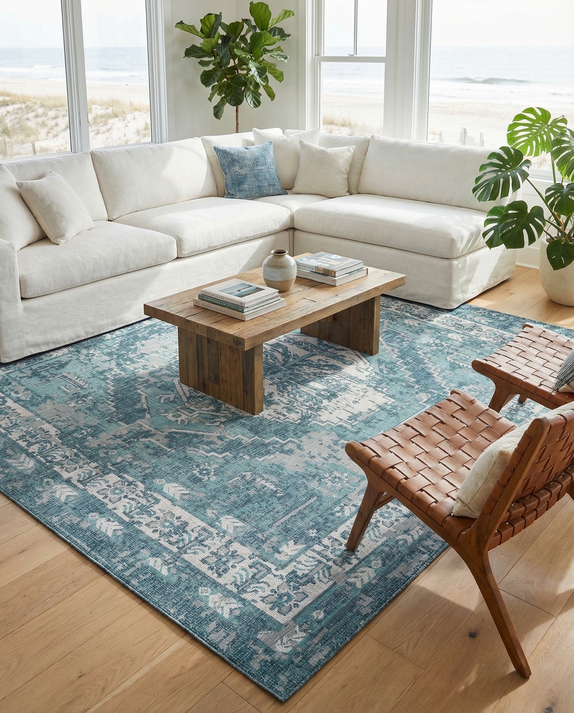 Blue 13' x 13' Washable Traditional Indoor / Outdoor Square Rug