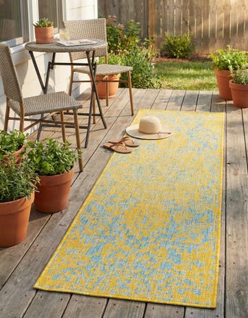 Yellow and Aqua Easy-Clean Jill Zarin Dubai Indoor / Outdoor Runner Rug