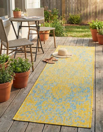 Yellow and Aqua Easy-Clean Jill Zarin Dubai Indoor / Outdoor Runner Rug