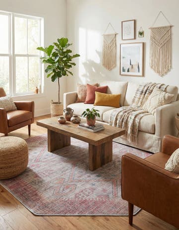 Rust red and Beige Washable Sisu Octagon Rug