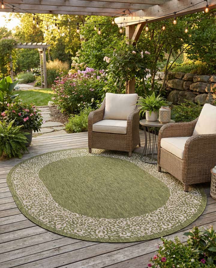 7' 10 x 10' Easy-Clean Border Indoor / Outdoor Oval Rug