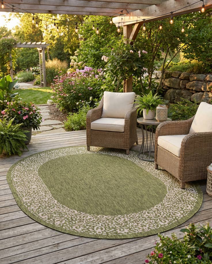 Detail image of 7' 10 x 10' Easy-Clean Border Indoor / Outdoor Oval Rug