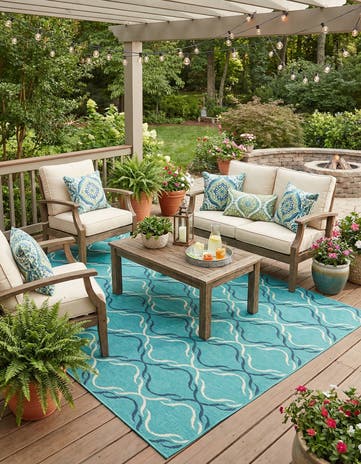 Teal Easy-Clean Lattice Indoor / Outdoor Rug