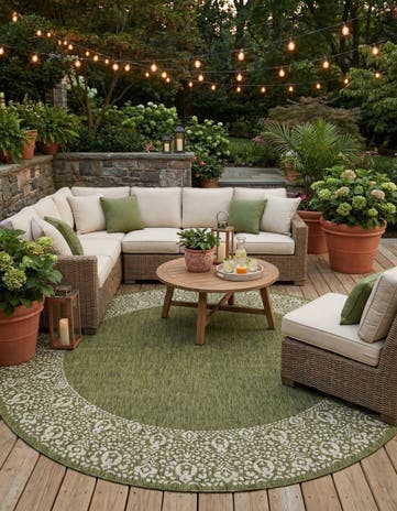 Green Easy-Clean Border Indoor / Outdoor Round Rug