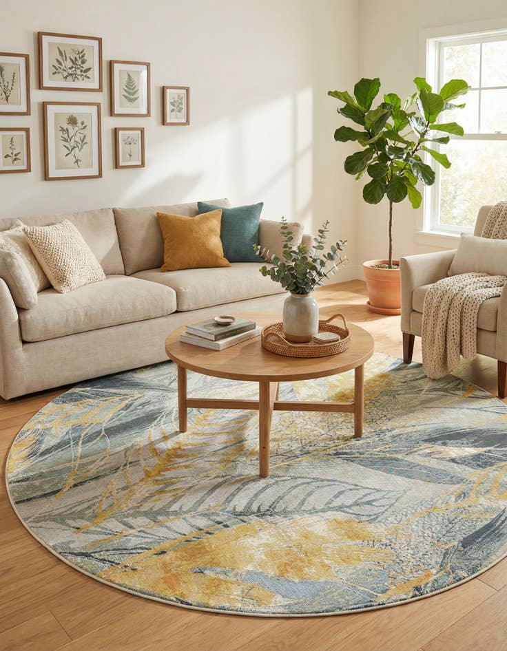 Detail image of 7' 10 x 7' 10  Washable Botanical Indoor / Outdoor Round Rug