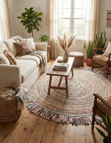 7' 10 x 7' 10 Hand Braided Chindi Jute Round Rug