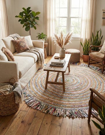 7' 10 x 7' 10 Hand Braided Chindi Jute Round Rug