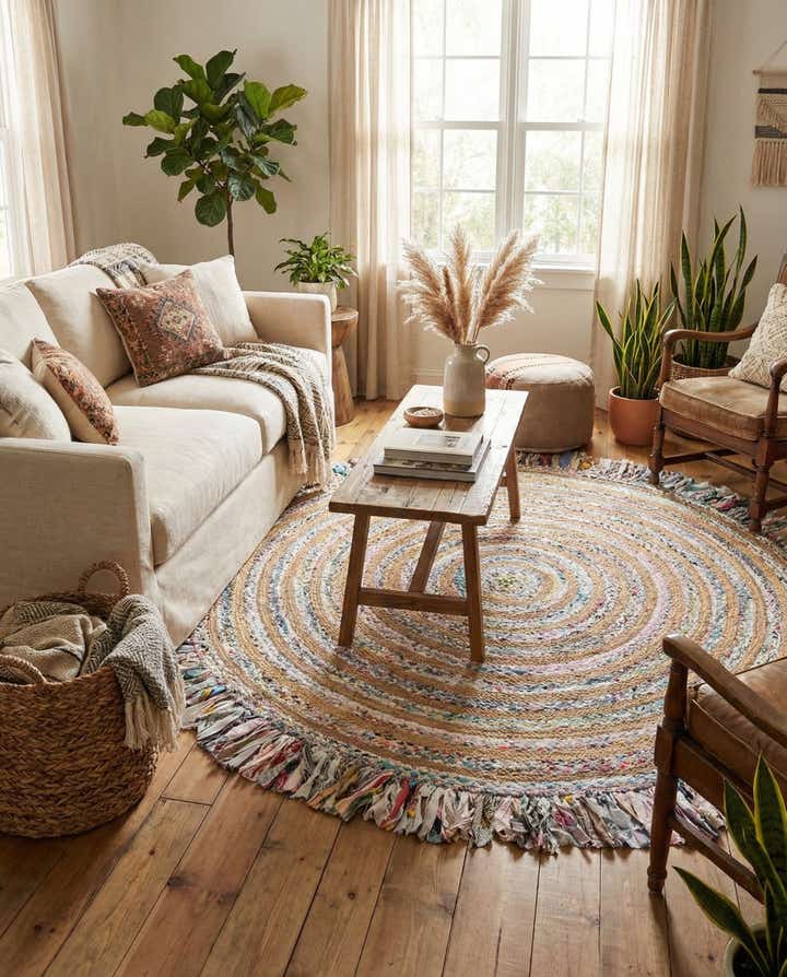 7' 10 x 7' 10 Hand Braided Chindi Jute Round Rug