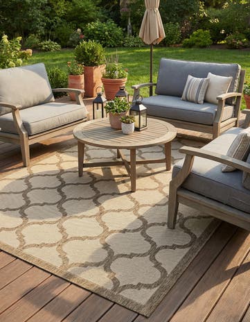 Beige and Brown Easy-Clean Lattice Indoor / Outdoor Rug