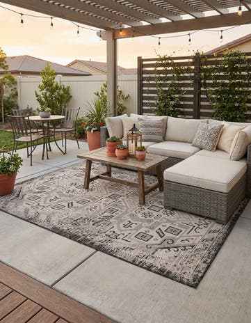 Charcoal Gray Easy-Clean Aztec Indoor / Outdoor Rug