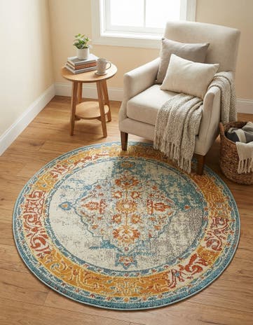 Blue Washable Carnevale Round Rug