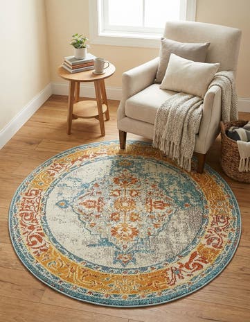 Blue Washable Carnevale Round Rug