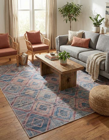 Peach and Blue Washable Sisu Square Rug