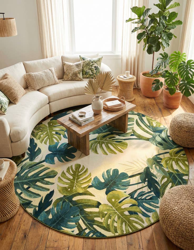 Detail image of  10' x 10'  Washable Botanical Indoor / Outdoor Round Rug