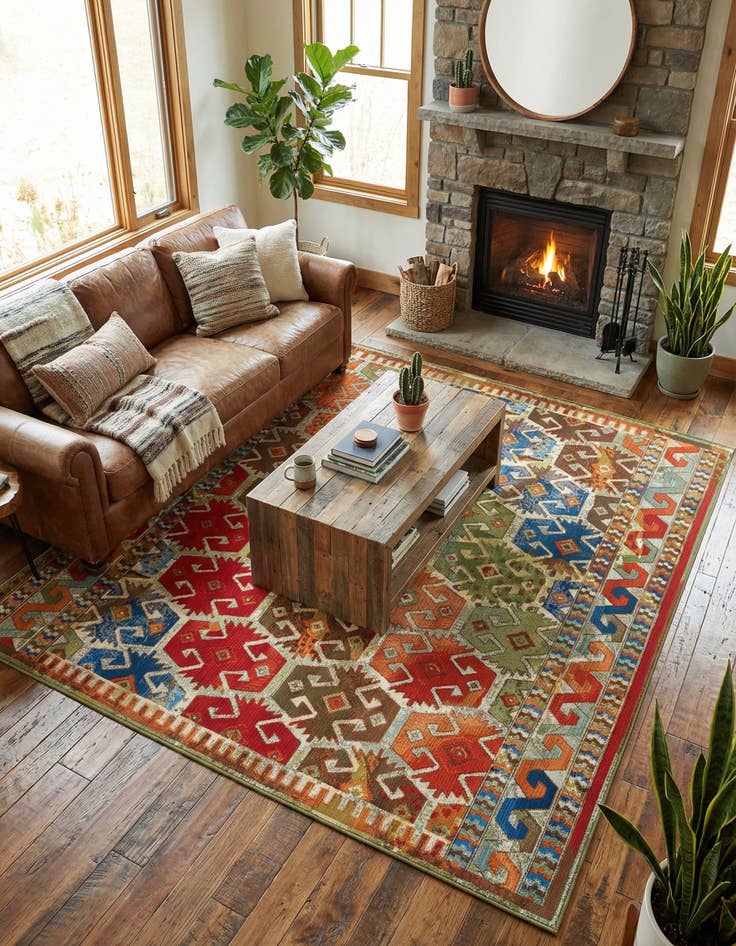 Detail image of 7' 10 x 7' 10 Easy-Clean Southwestern Indoor / Outdoor Square Rug