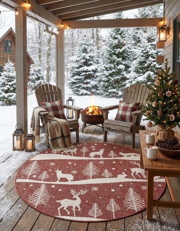 Red Easy-Clean Holiday Indoor / Outdoor Round Rug