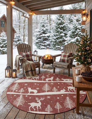 Red Easy-Clean Holiday Indoor / Outdoor Round Rug