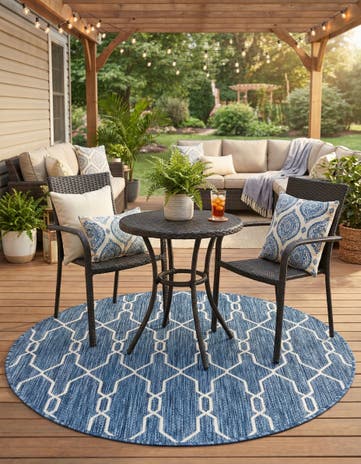 Blue Easy-Clean Lattice Indoor / Outdoor Round Rug