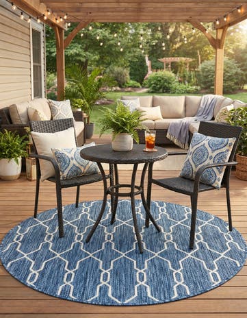 Blue Easy-Clean Lattice Indoor / Outdoor Round Rug