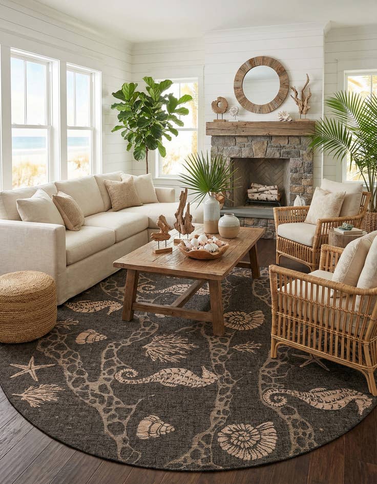 Detail image of 12' x 12'  Washable Coastal Indoor / Outdoor Round Rug