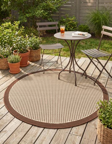 Brown Easy-Clean Border Indoor / Outdoor Round Rug