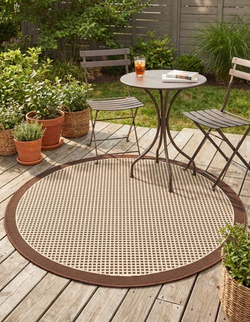 Brown Easy-Clean Border Indoor / Outdoor Round Rug