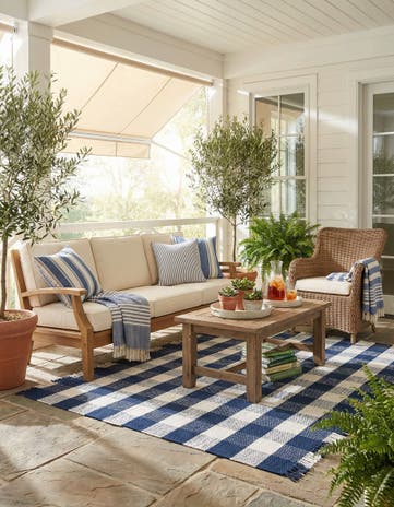 Navy Blue Easy-Clean Eco Plaid Washable Indoor / Outdoor Square Rug
