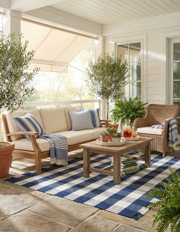 Navy Blue Easy-Clean Eco Plaid Washable Indoor / Outdoor Square Rug