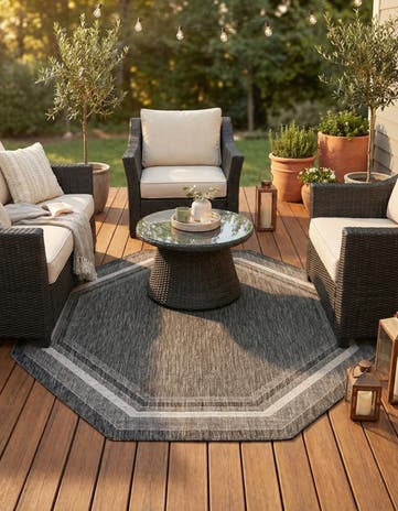 Black Easy-Clean Border Indoor / Outdoor Octagon Rug