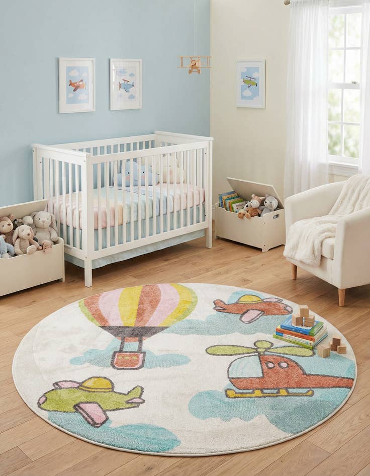 Detail image of 5' 3 x 5' 3 Airplanes Whimsy Kids Round Rug