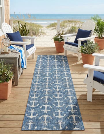 Blue Easy-Clean Coastal Indoor / Outdoor Runner Rug